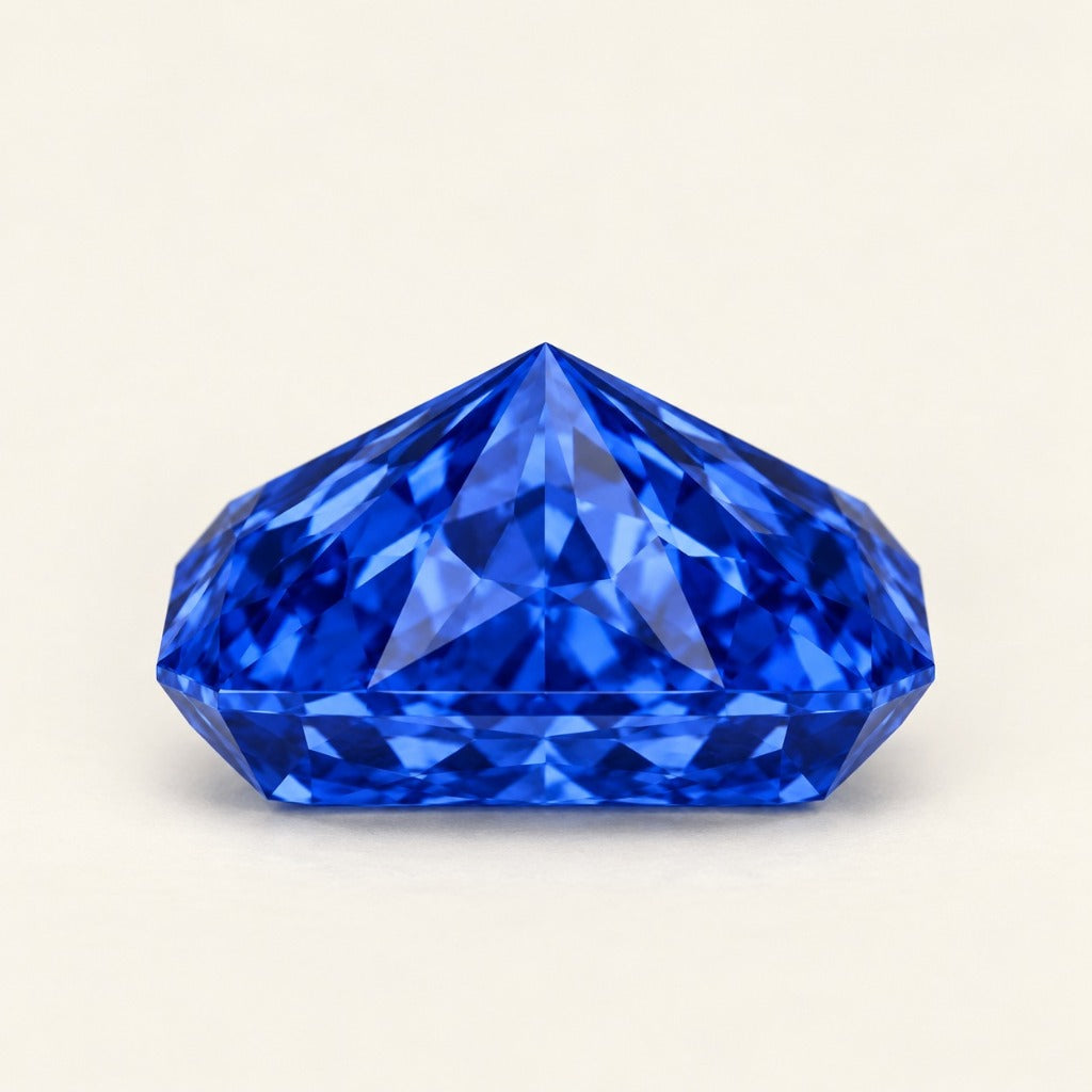 Royal blue lab-grown sapphire, radiant cut, side view