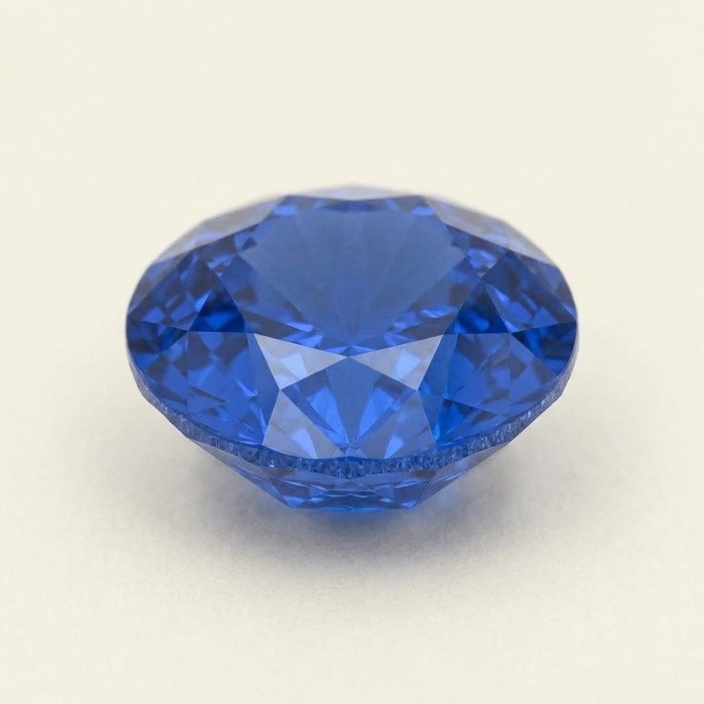 Royal blue lab-grown sapphire, round cut, 45° view