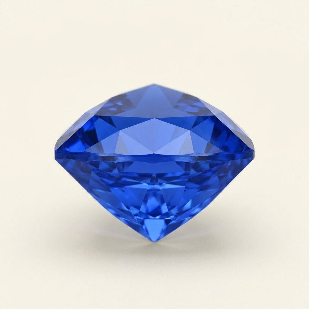Royal blue lab-grown sapphire, trillion cut, side view