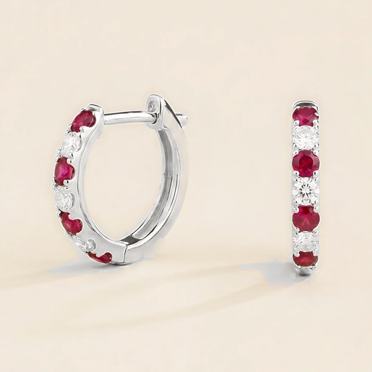 Stacy Ruby & Diamond Huggie Hoop Earrings in White Gold | Juvetti