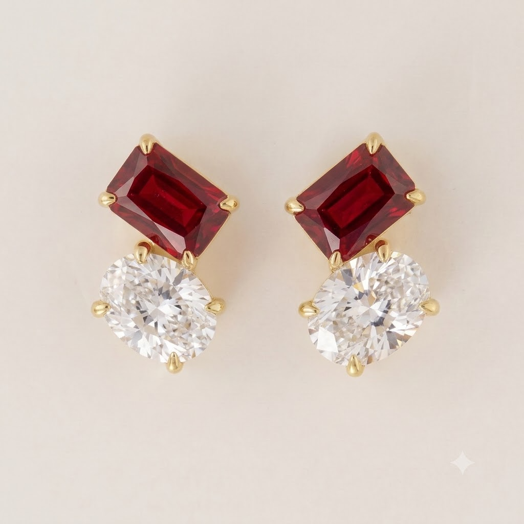 Buchon ruby and diamond two-stone earrings in gold