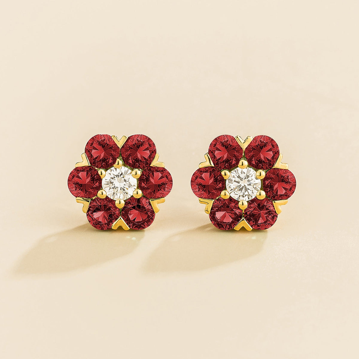 Lab-grown ruby and diamond flower earrings, Cinq design in gold | Juvetti London