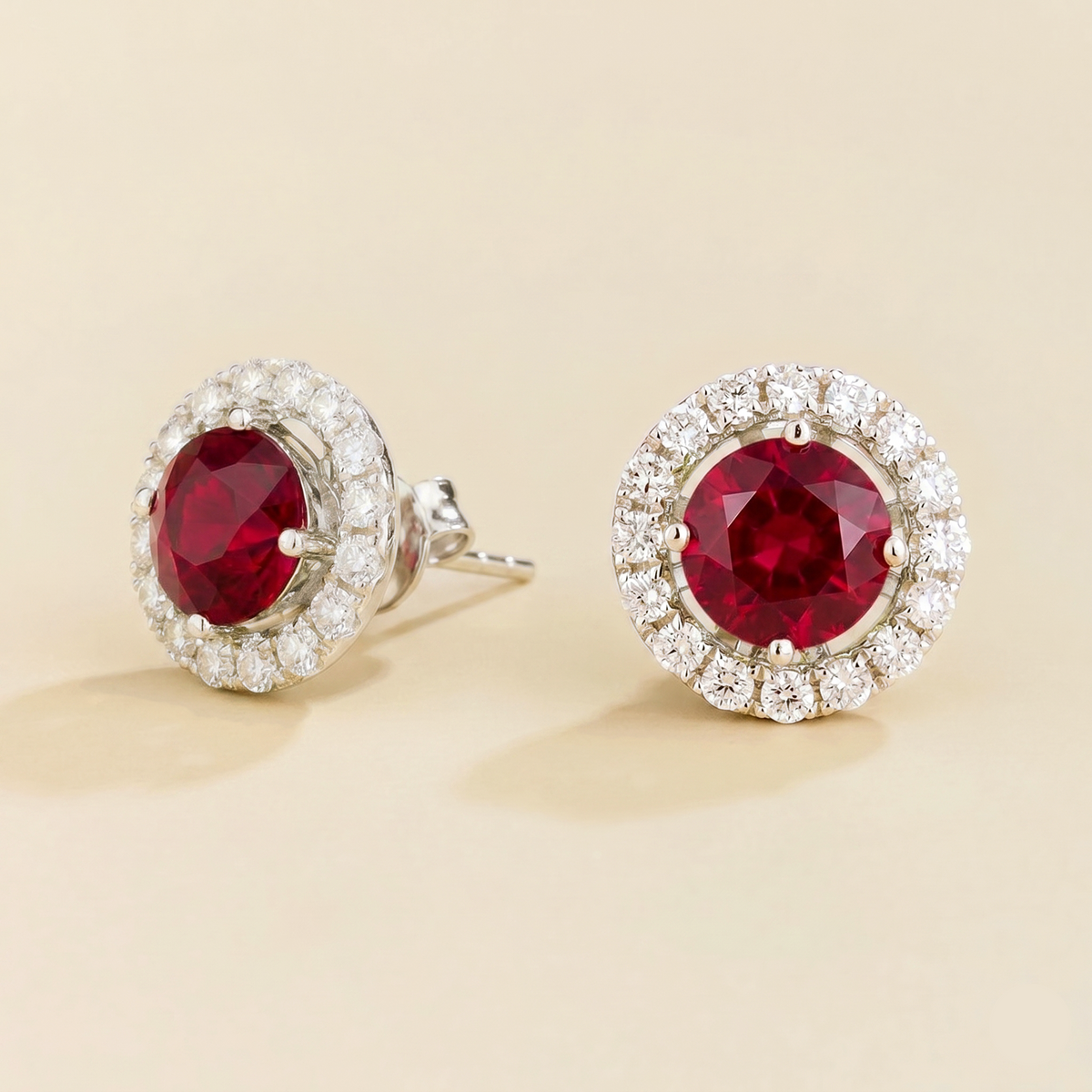 Floret round lab-grown ruby and diamond halo stud earrings in white gold – side | Juvetti London