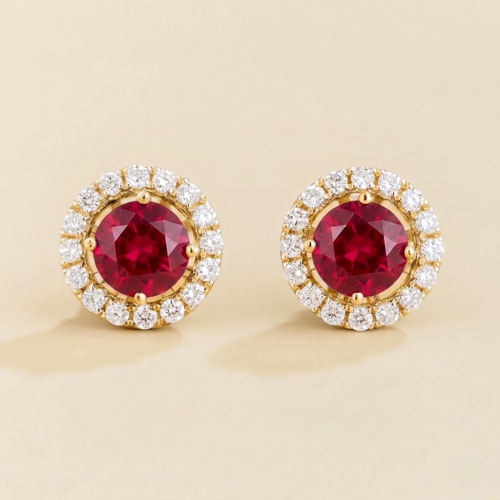 Lumi ruby and diamond halo stud earrings in yellow gold, front view