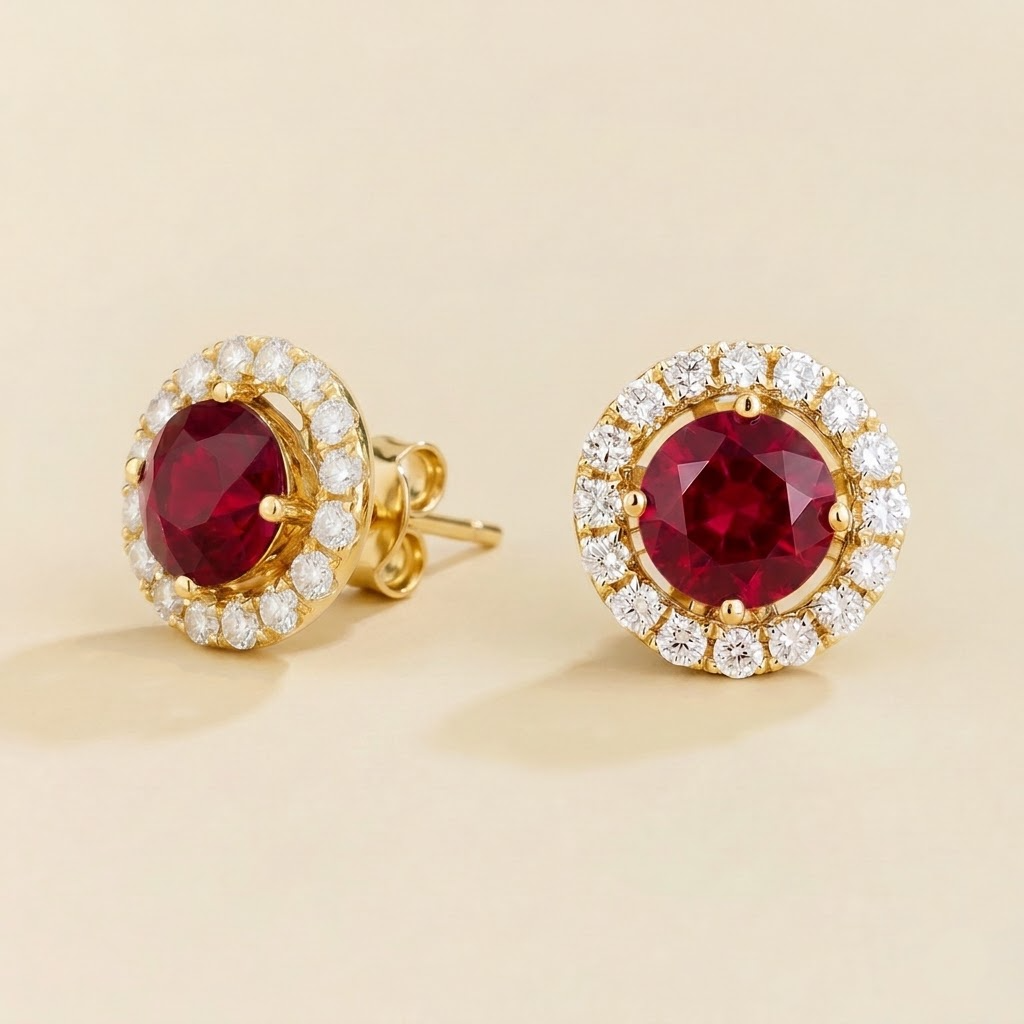 Lumi ruby and diamond halo stud earrings in yellow gold, side view