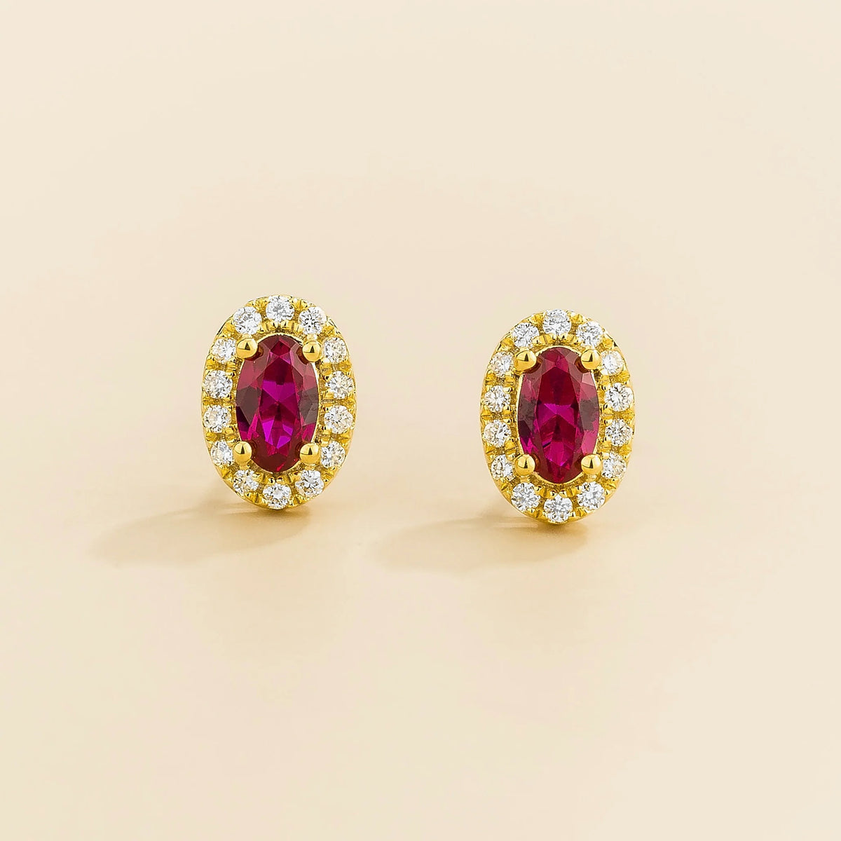 Mini lab-grown ruby and diamond oval halo stud earrings in gold – front view | Mina by Juvetti