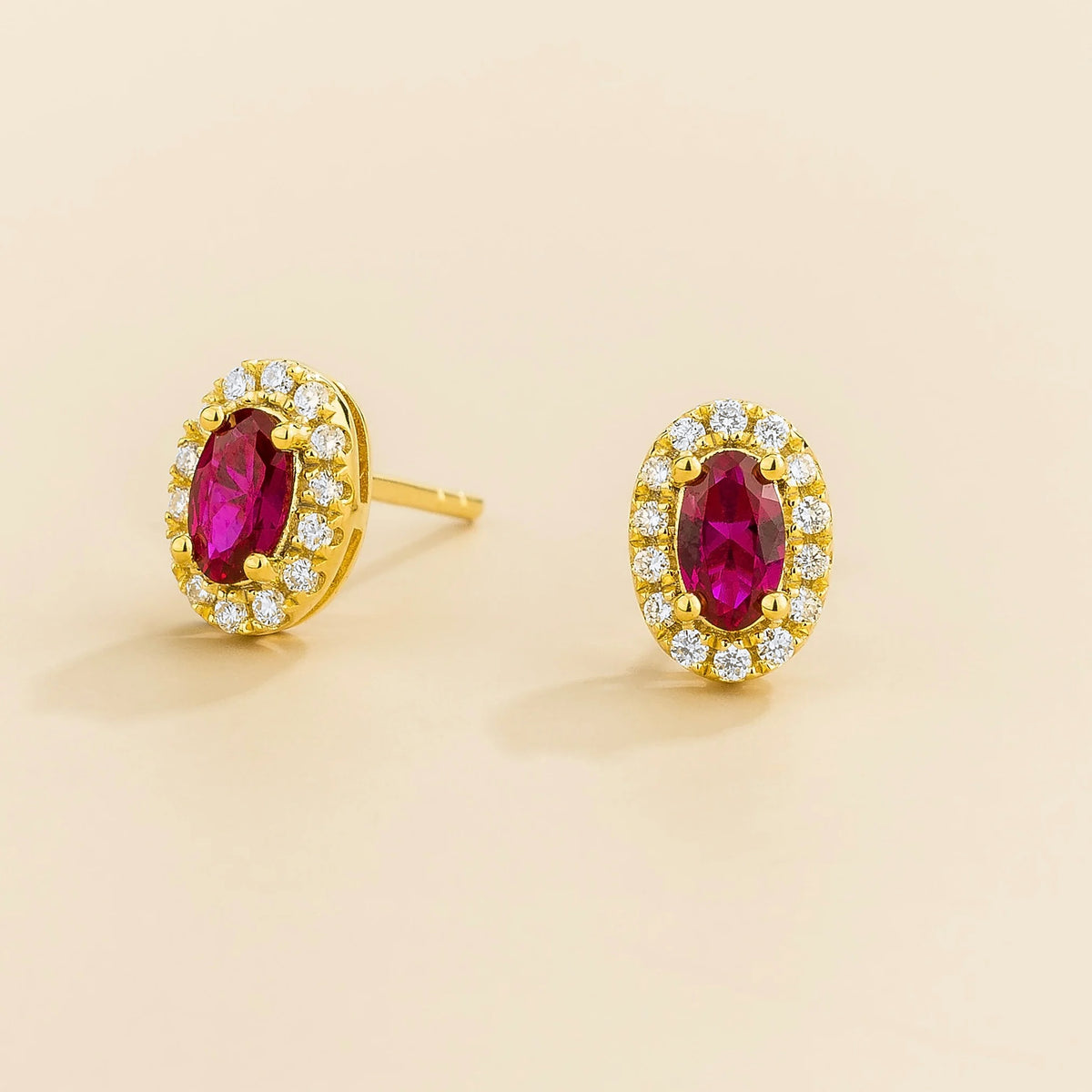 Mini lab-grown ruby and diamond oval halo stud earrings in gold – side view | Mina by Juvetti