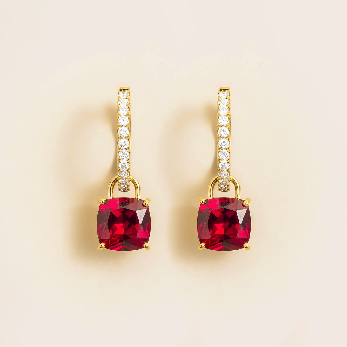 Cushion-Cut Ruby & Diamond Hoop Drop Earrings in Gold