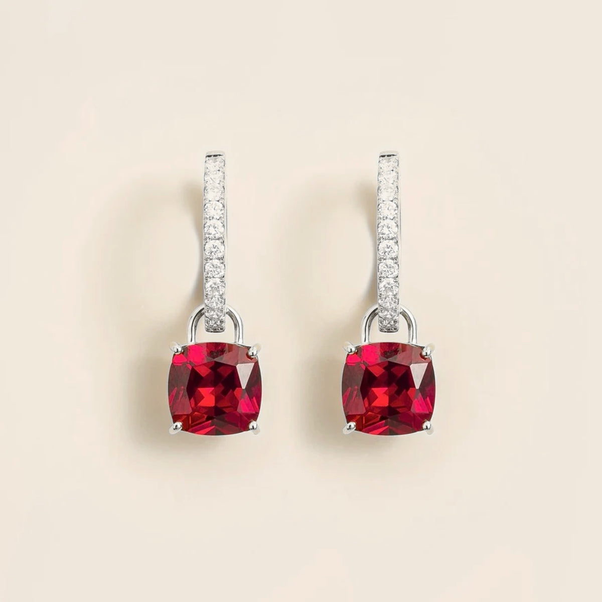 Cushion-Cut Ruby & Diamond Hoop Drop Earrings in White Gold