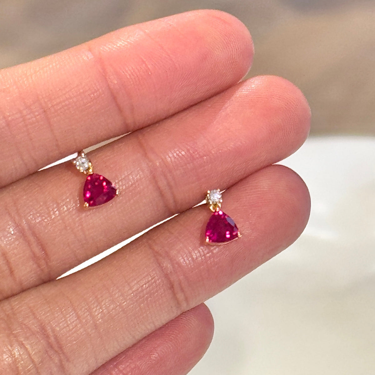 Trillion-cut Ruby & Diamond Drop Earrings in Gold