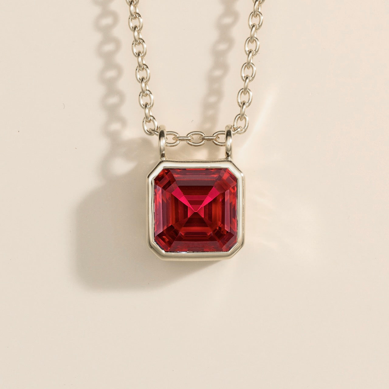 Calin Ruby Asscher-Cut Solitaire Pendant Necklace in White Gold by Juvetti London