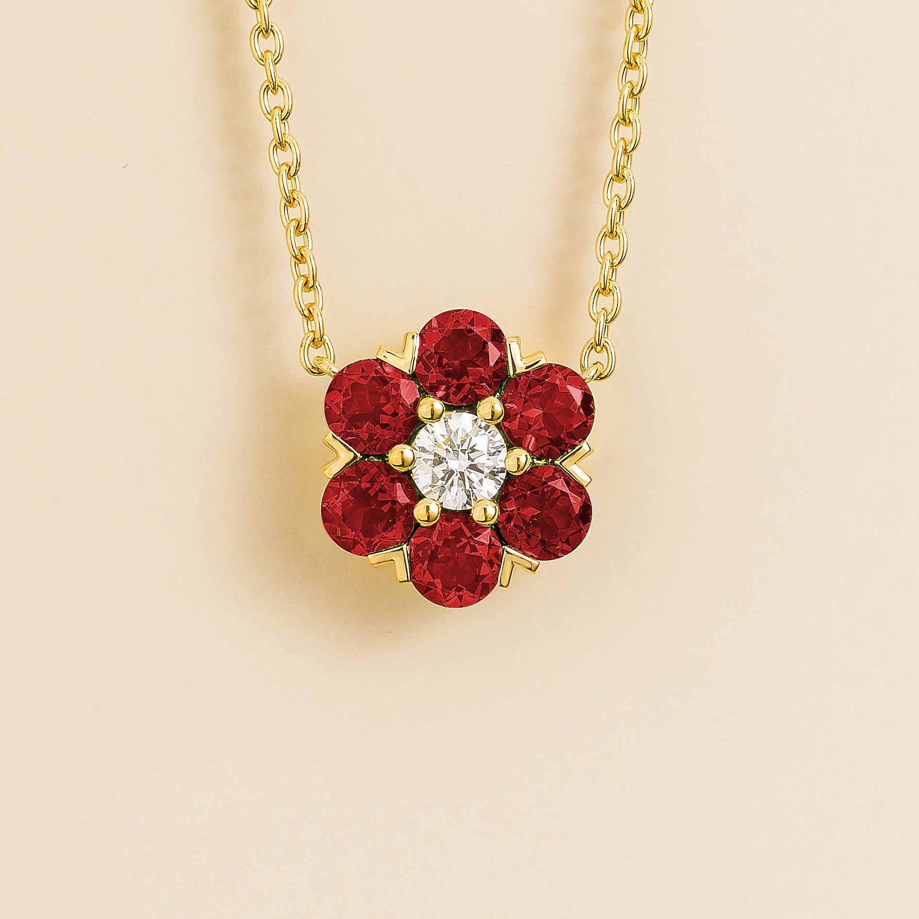 Cinq Ruby & Diamond Flower Pendant Necklace in Gold by Juvetti London