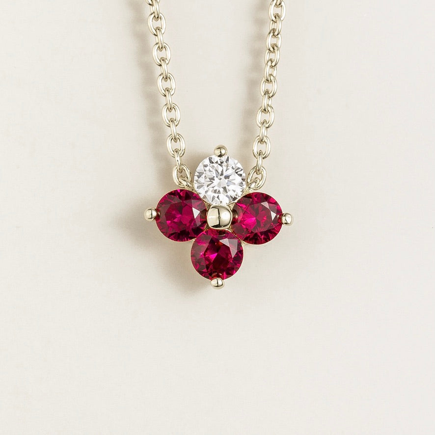 Clover Ruby & Diamond Necklace In White Gold by Juvetti London