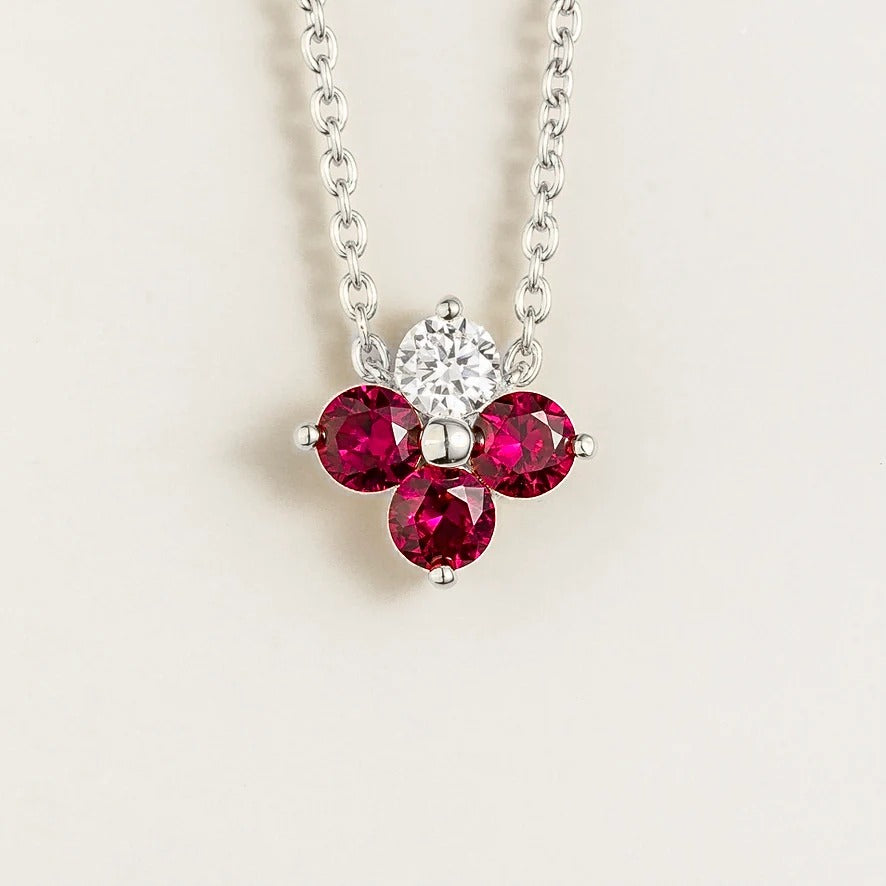 Clover Ruby & Diamond Necklace In White Gold by Juvetti London