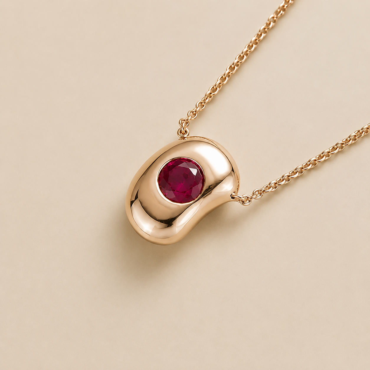 Fava Round Ruby Oval Solitaire Pendant Necklace in Rose Gold, side angle