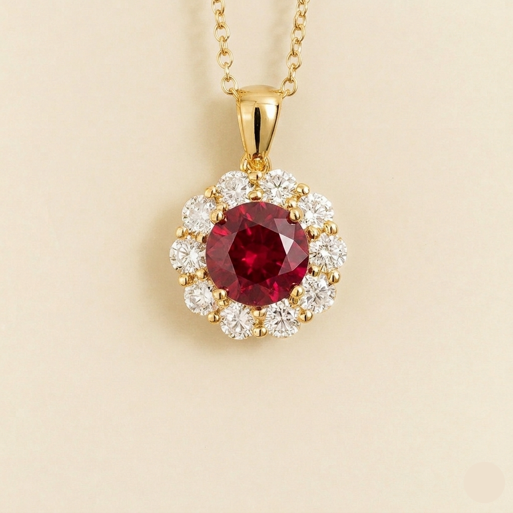 Floret Ruby Round & Diamond Halo Pendant Necklace in Gold by Juvetti, bespoke jewellery London