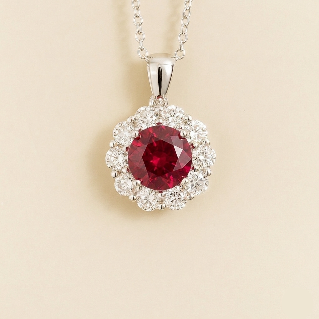 Front view of the Floret Ruby Round & Diamond Halo Pendant Necklace in White Gold, handcrafted by Juvetti London