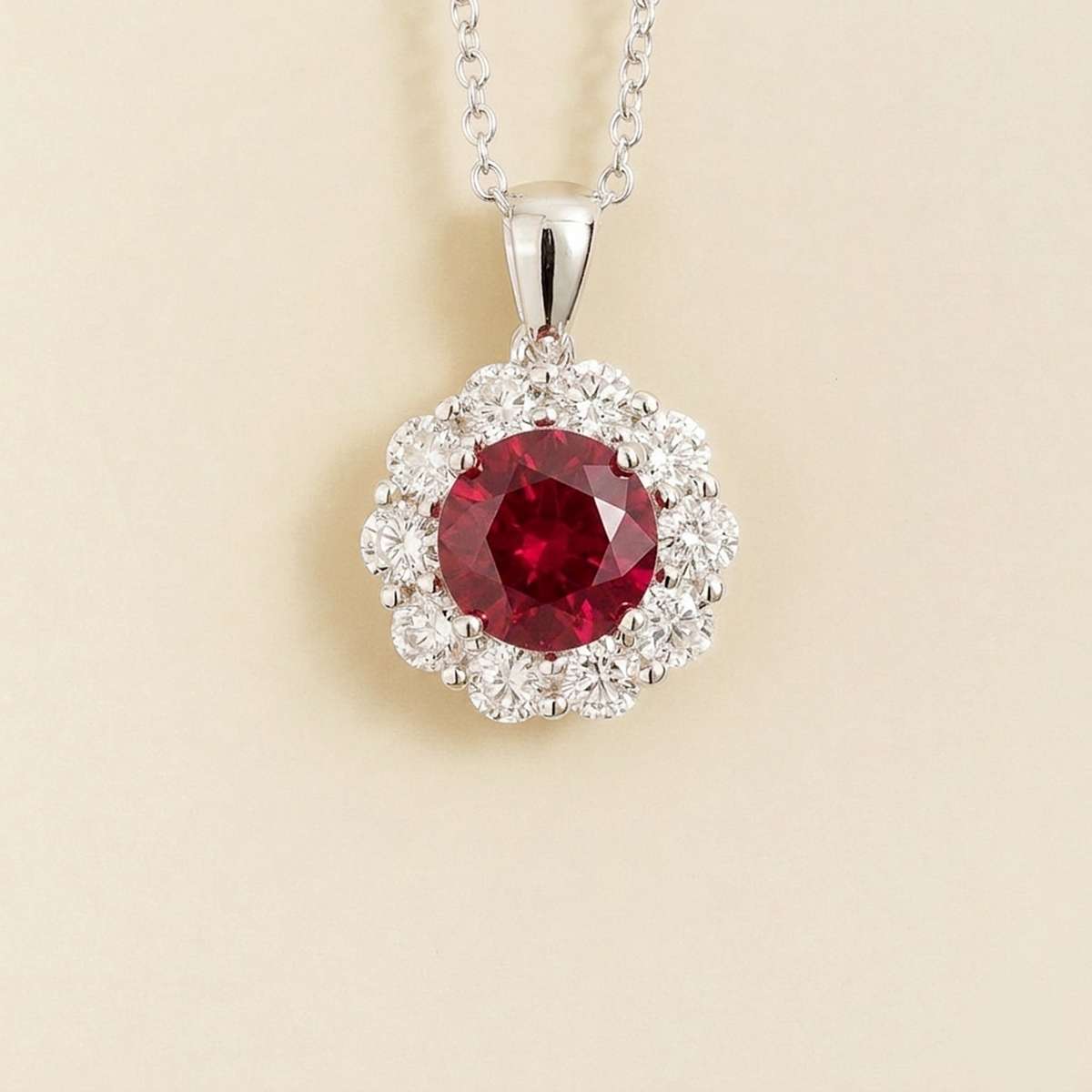 Floret round lab-grown ruby and diamond halo pendant necklace in white gold – front | Juvetti London