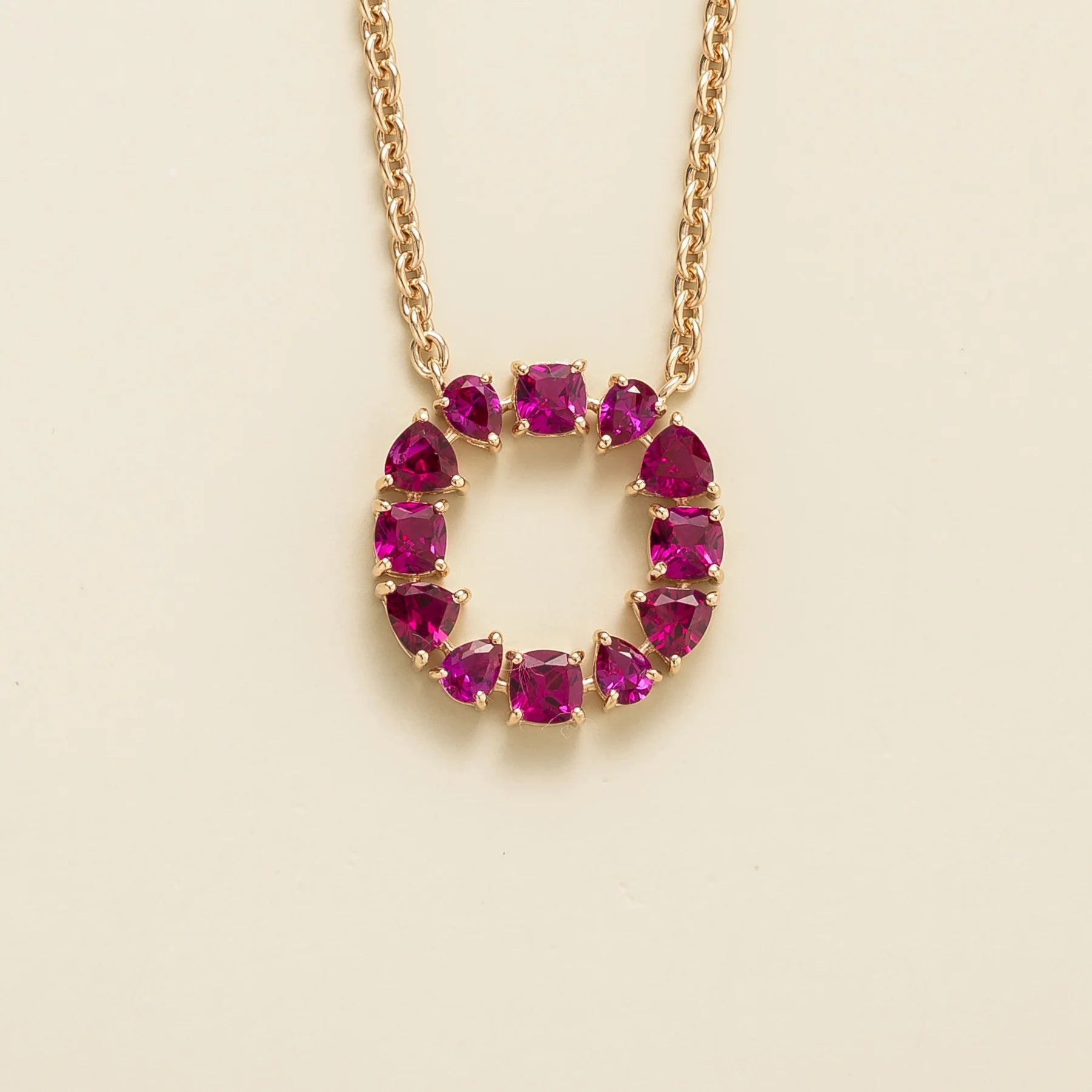 Glorie Ruby Circle Pendant Necklace in Rose Gold by Juvetti, bespoke jewellery London
