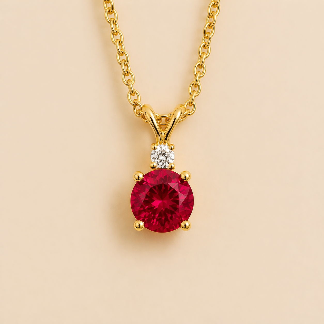 Joie Round Ruby & Diamond Drop Pendant Necklace In Gold by Juvetti London, photographed on a white background