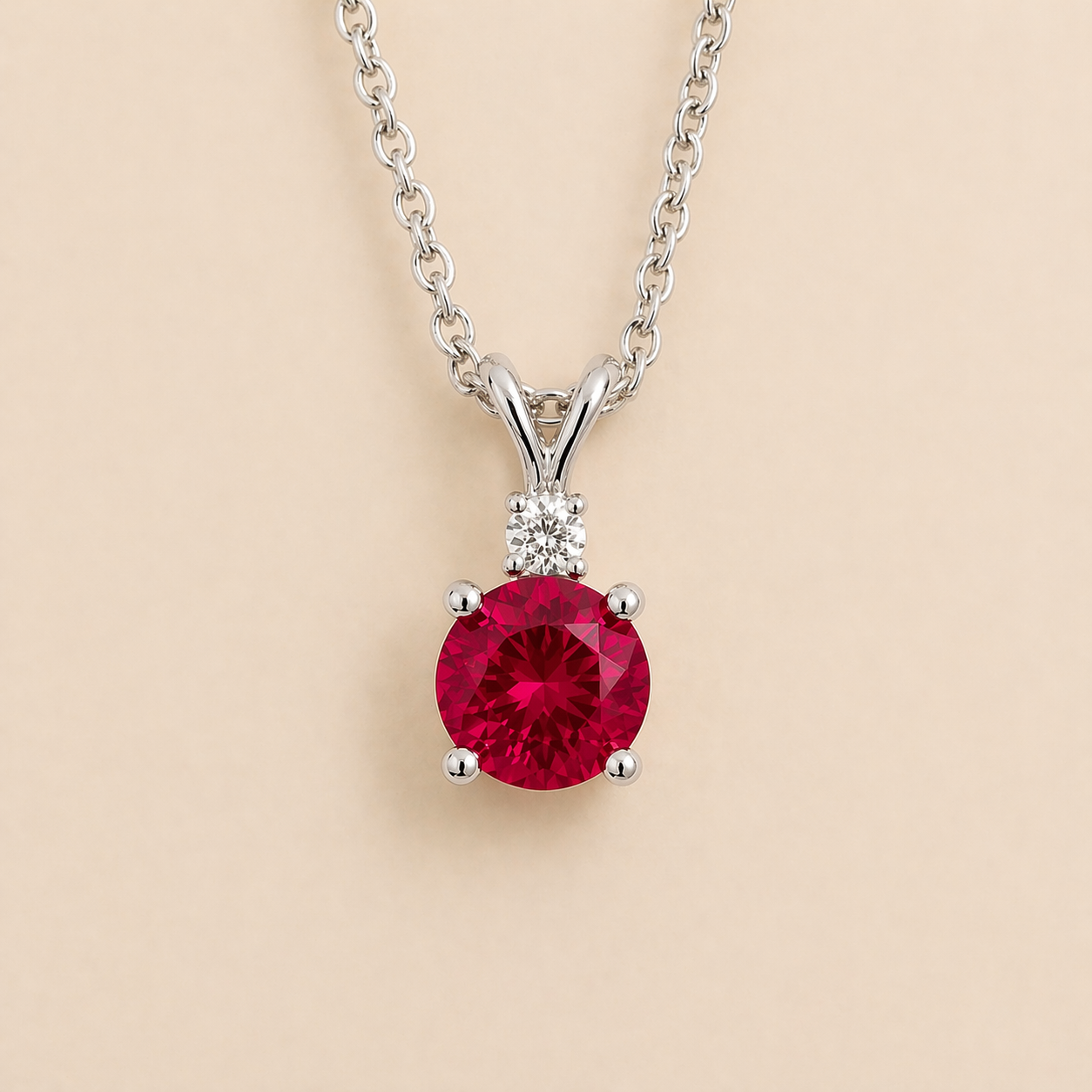 Joie Round Ruby & Diamond Drop Pendant Necklace In White Gold by Juvetti, bespoke jewellery London