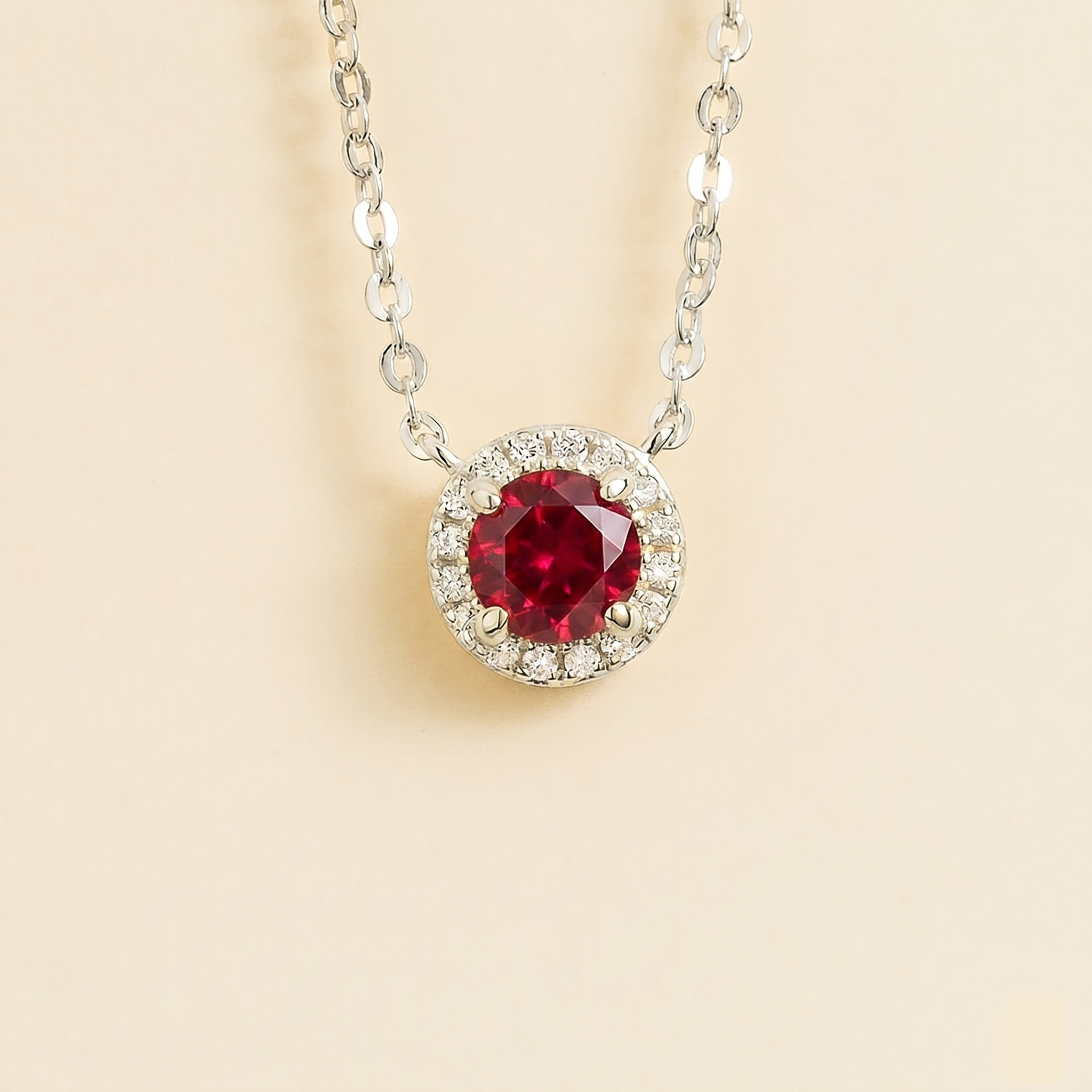 Mars Ruby Round & Diamond Halo Necklace In White Gold by Juvetti London