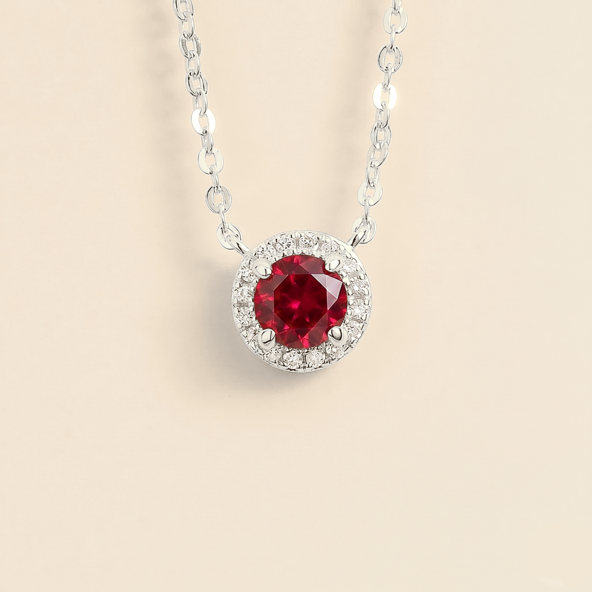 Mars Ruby Round & Diamond Halo Necklace In White Gold by Juvetti London