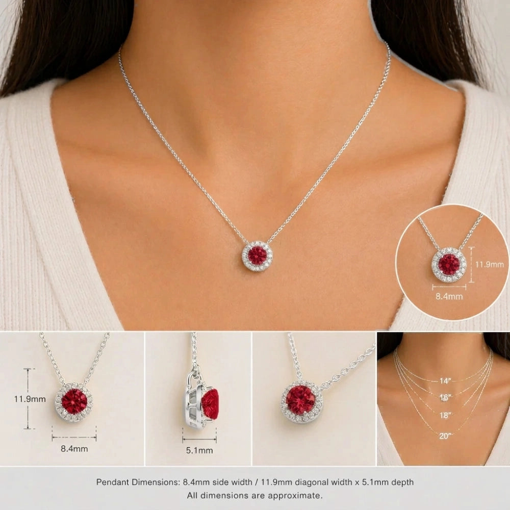 Mars Ruby Round & Diamond Halo Necklace In White Gold shown with its full adjustable chain