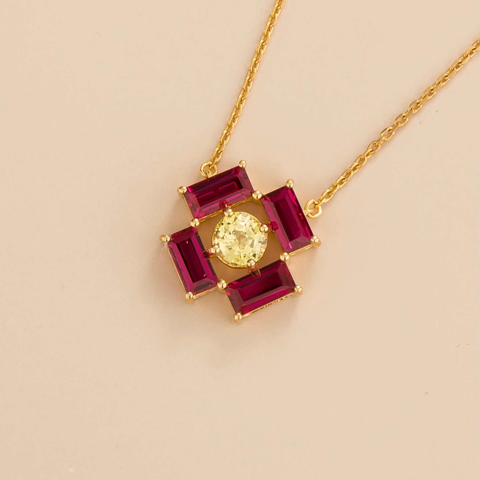 Oua Pendant Necklace In Yellow Sapphire & Ruby Set In Gold, side angle