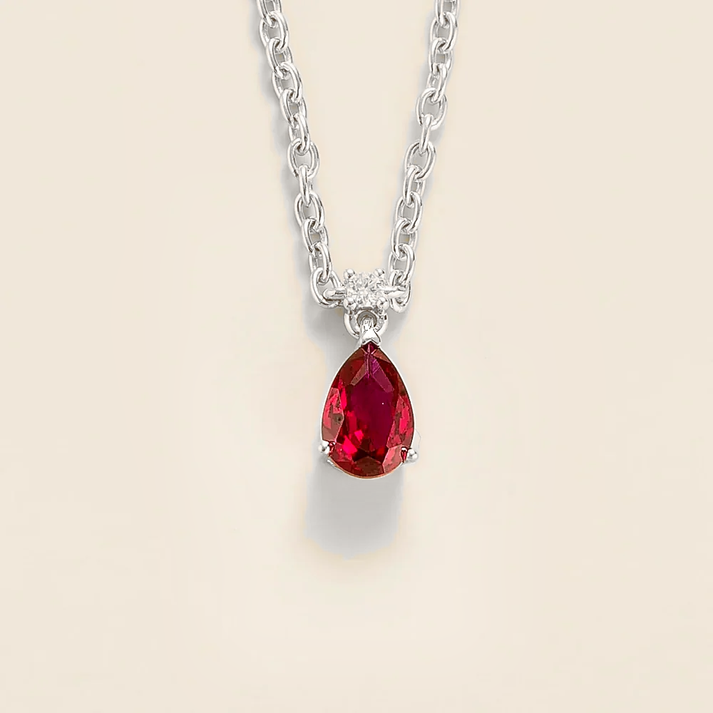 Lab-grown ruby and diamond pear drop pendant necklace in white gold, small – front view | Pisa by Juvetti