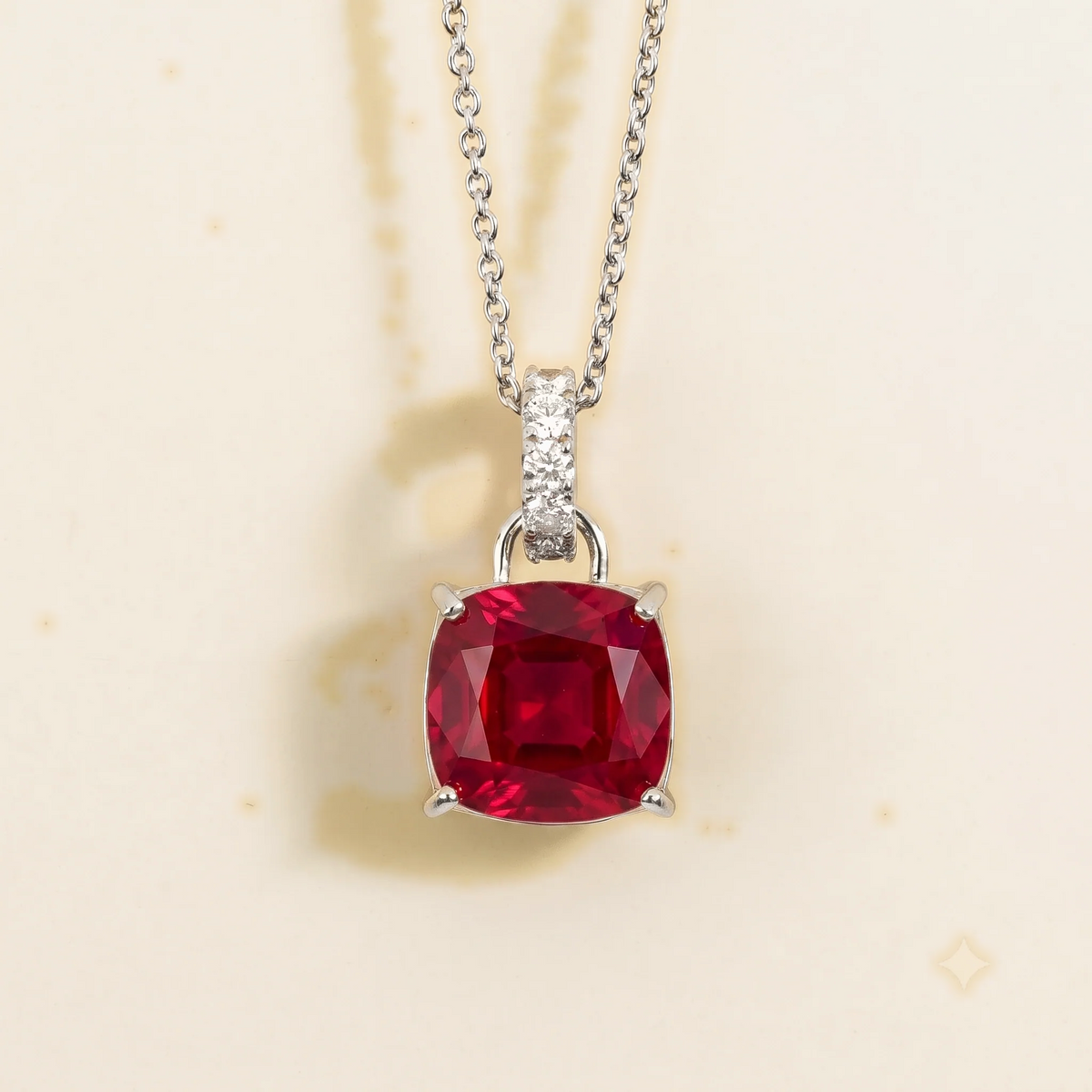 Roue Ruby Cushion Cut & Diamond Hoop Pendant Necklace in White Gold by Juvetti, bespoke jewellery London