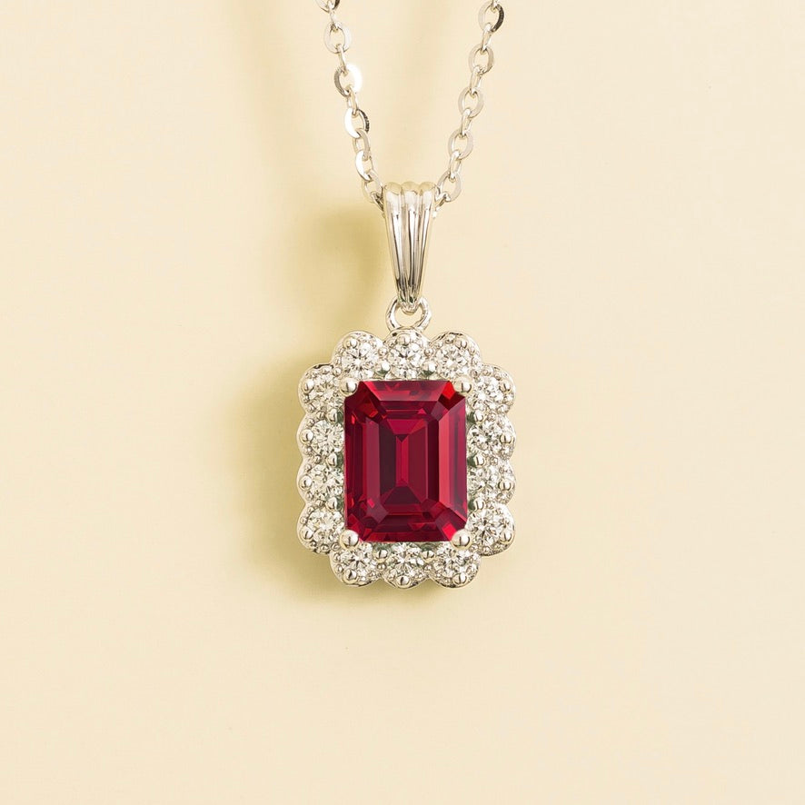 Verda Ruby Emerald-Cut & Diamond Halo Pendant Necklace in White Gold by Juvetti London