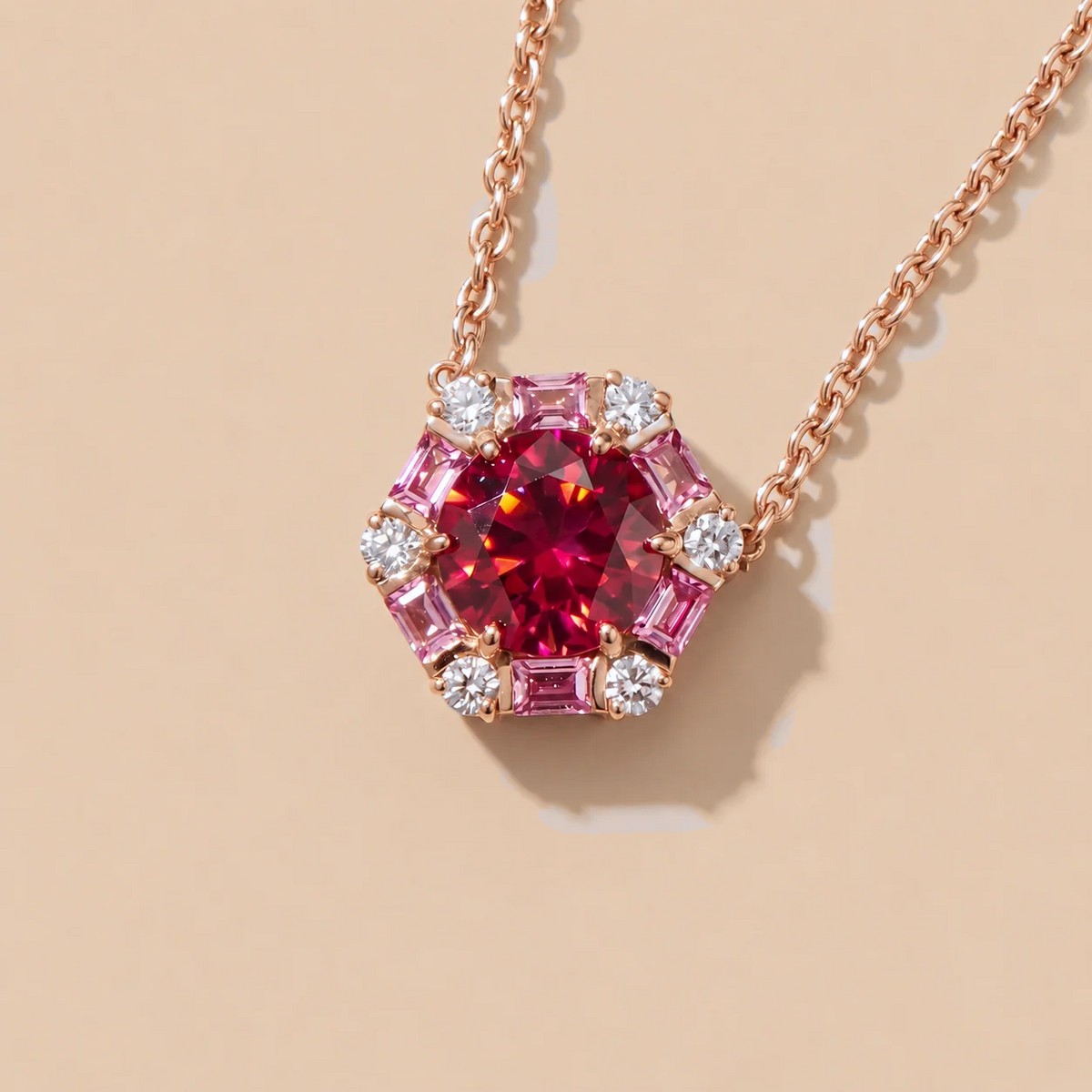 Hexagon halo lab-grown ruby, pink sapphire and diamond pendant necklace, Melba design in rose gold | Juvetti London