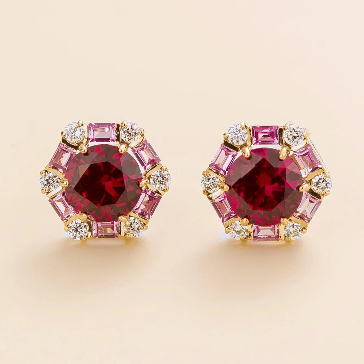Melba Ruby, Pink Sapphire & Diamond Halo Hexagon Stud Earrings in Gold