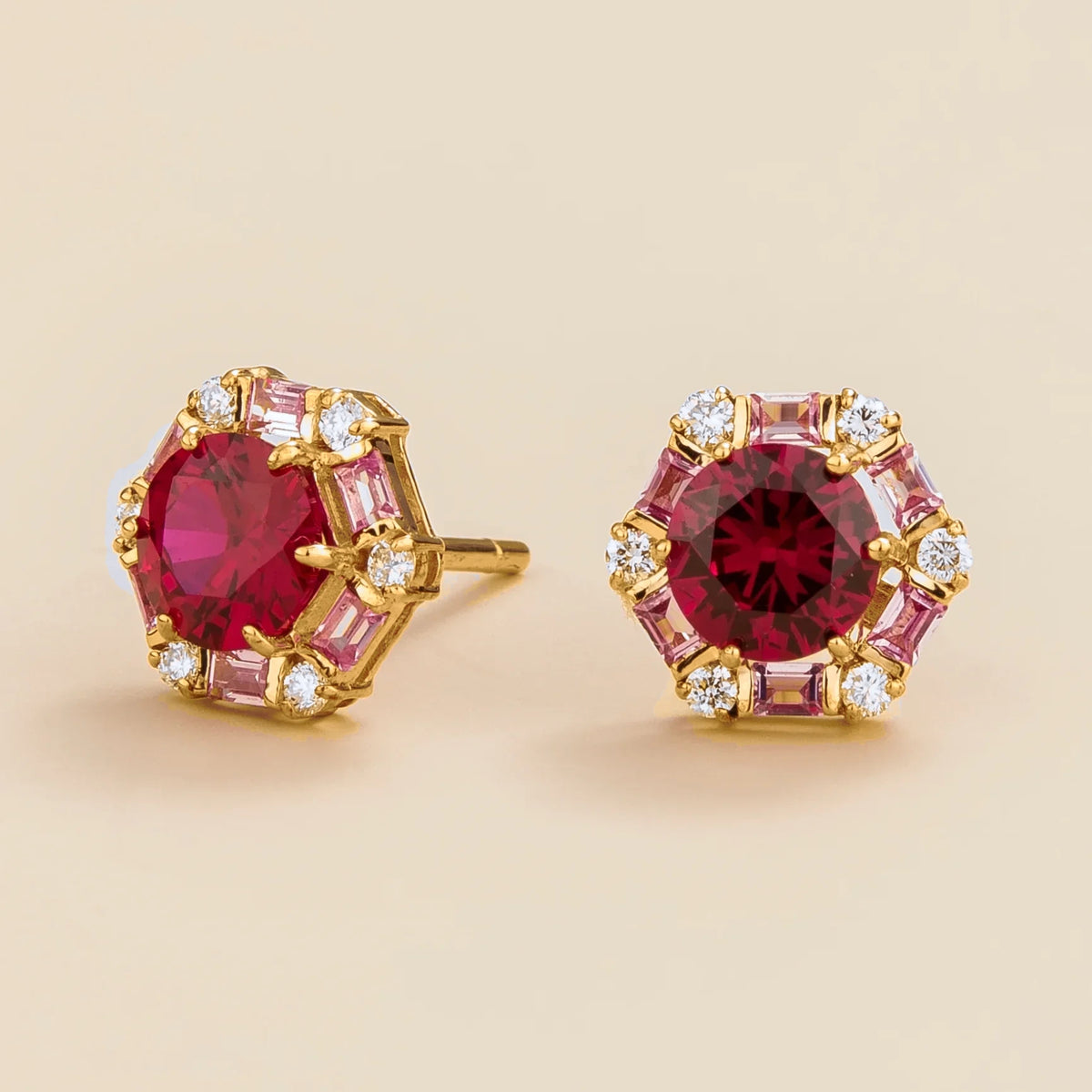 Melba Ruby, Pink Sapphire & Diamond Halo Hexagon Stud Earrings in Gold – side view