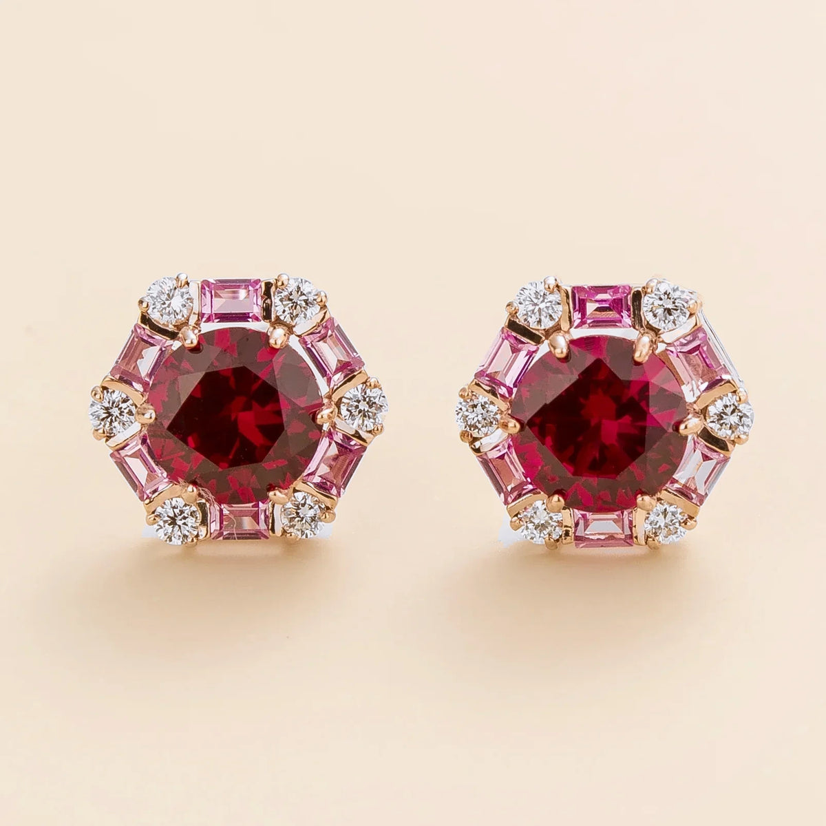 Melba Ruby & Pink Sapphire Hexagon Earrings with Diamond in Pink Gold