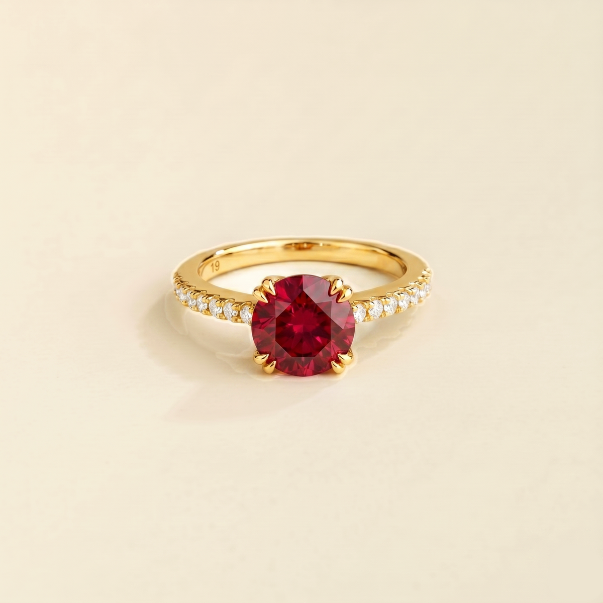 Como round lab-grown ruby solitaire pavé ring in gold – front | Juvetti London