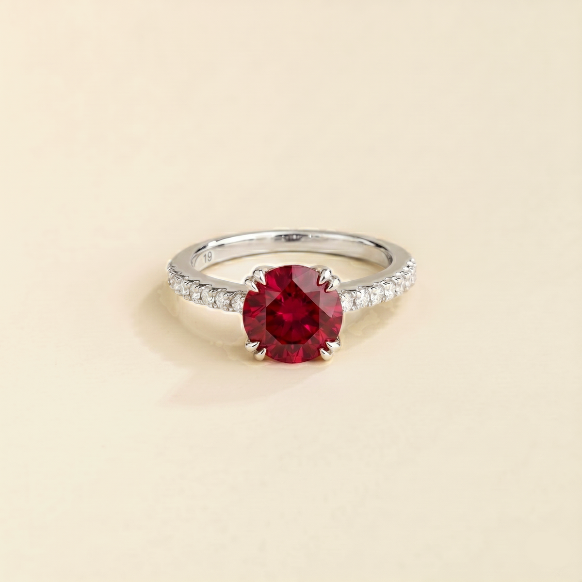 Como round lab-grown ruby solitaire pavé ring in white gold – front | Juvetti London