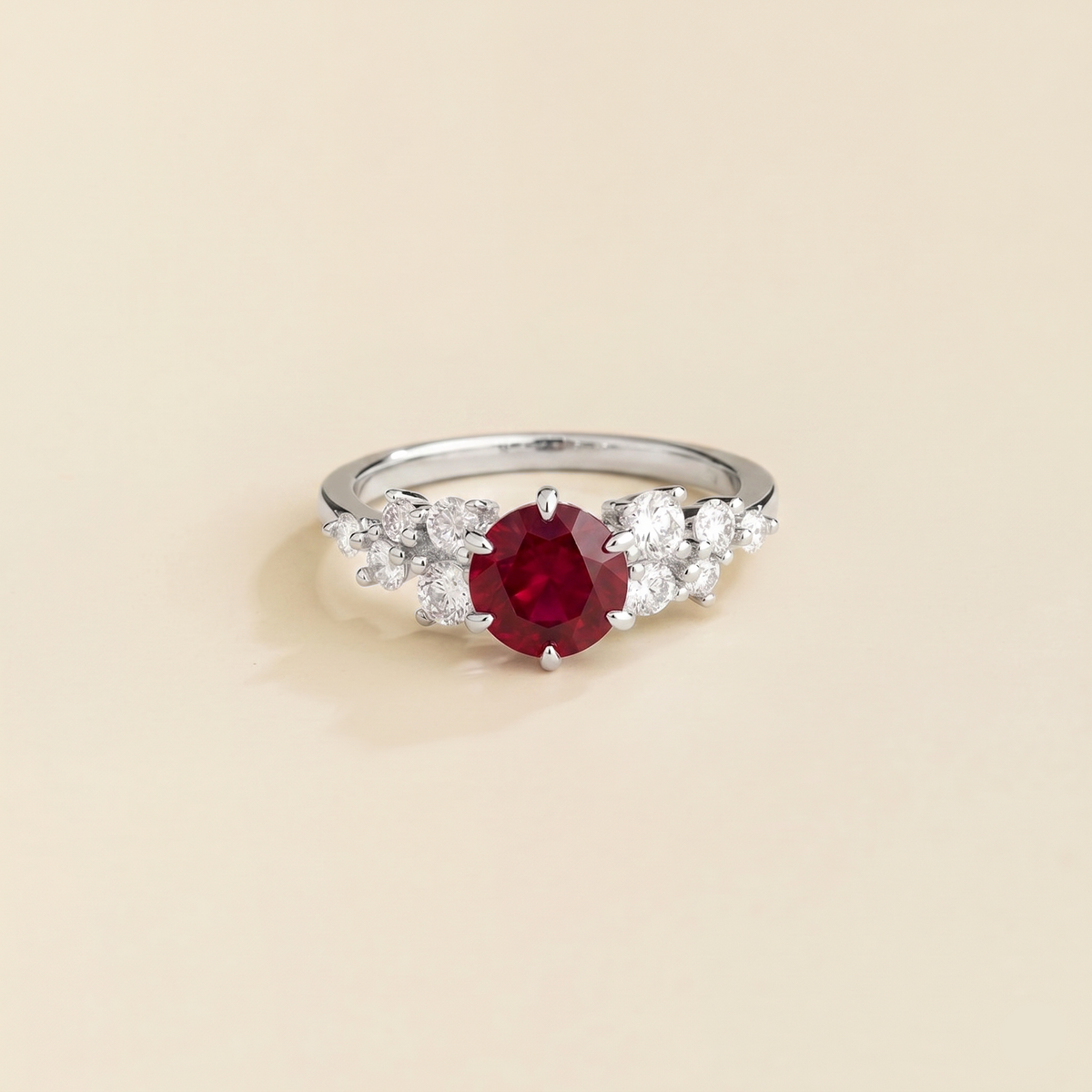 Floret round lab-grown ruby and diamond cluster ring in white gold – front | Juvetti London
