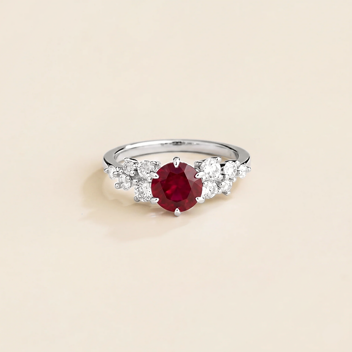 Floret round lab-grown ruby and diamond cluster ring in white gold – front | Juvetti London