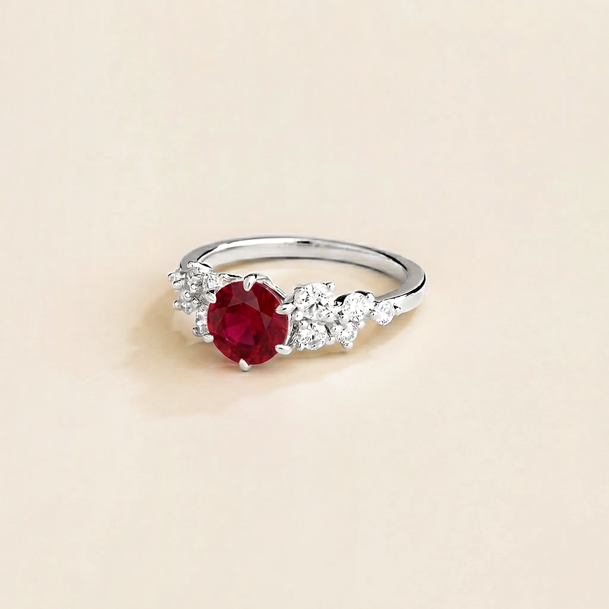 Floret round lab-grown ruby and diamond cluster ring in white gold – side | Juvetti London