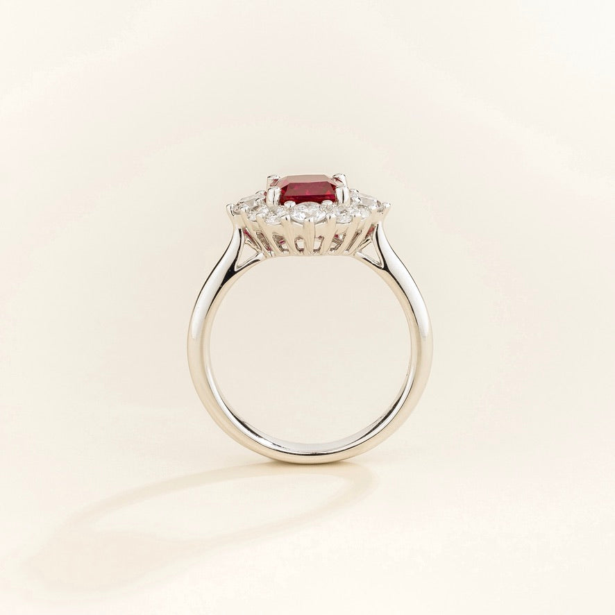 Tuli cushion-cut lab-grown ruby and diamond halo ring in white gold – top view | Juvetti London