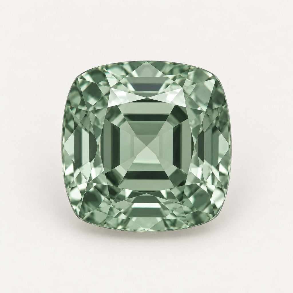 Sage green lab-grown sapphire, cushion cut