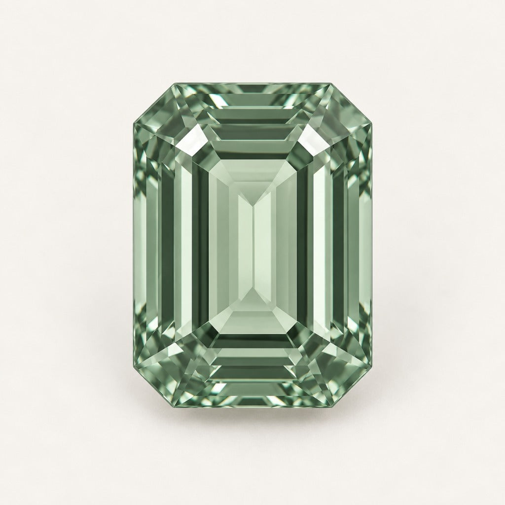 Sage green lab-grown sapphire, emerald cut