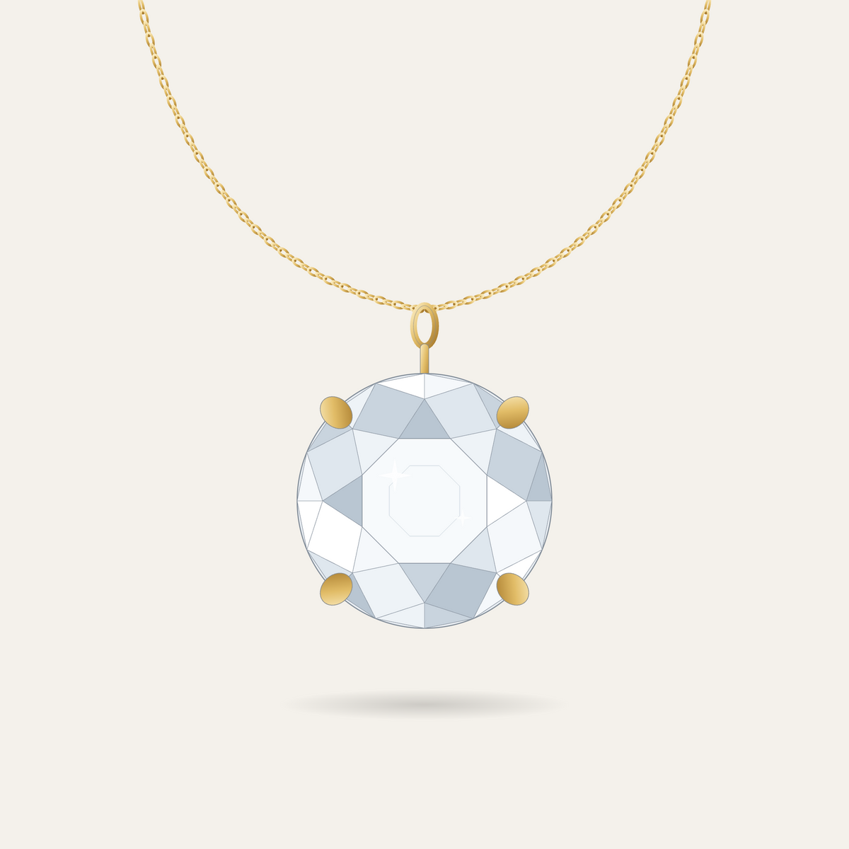 Illustration of the solitaire pendant setting in yellow gold, four-claw head on a chain