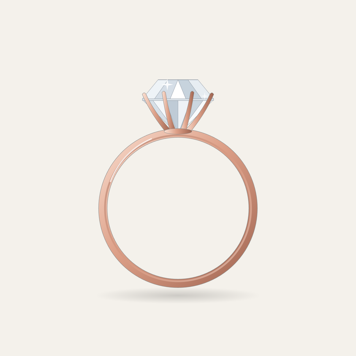 Illustration of the solitaire ring setting in rose gold, four-claw head