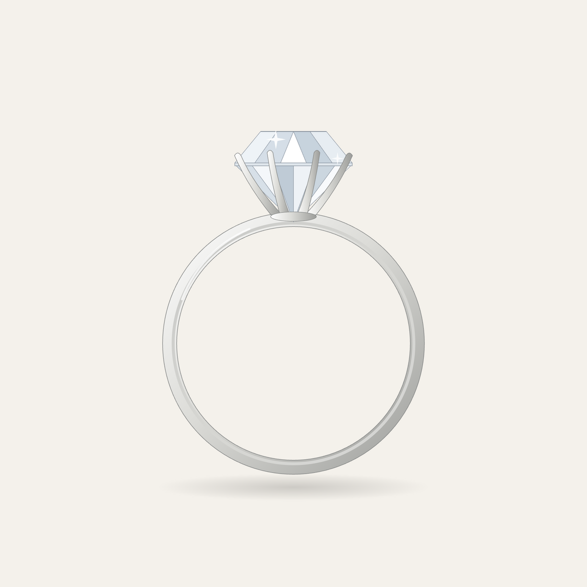 Illustration of the solitaire ring setting in white gold or platinum, four-claw head