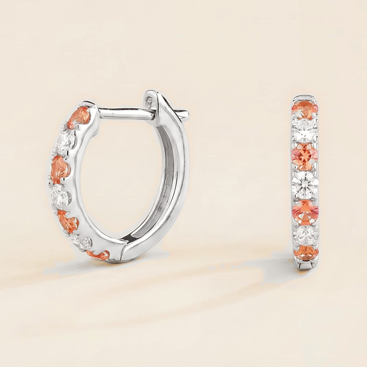 Stacy Padparadscha Sapphire & Diamond Huggie Hoop Earrings in White Gold | Juvetti