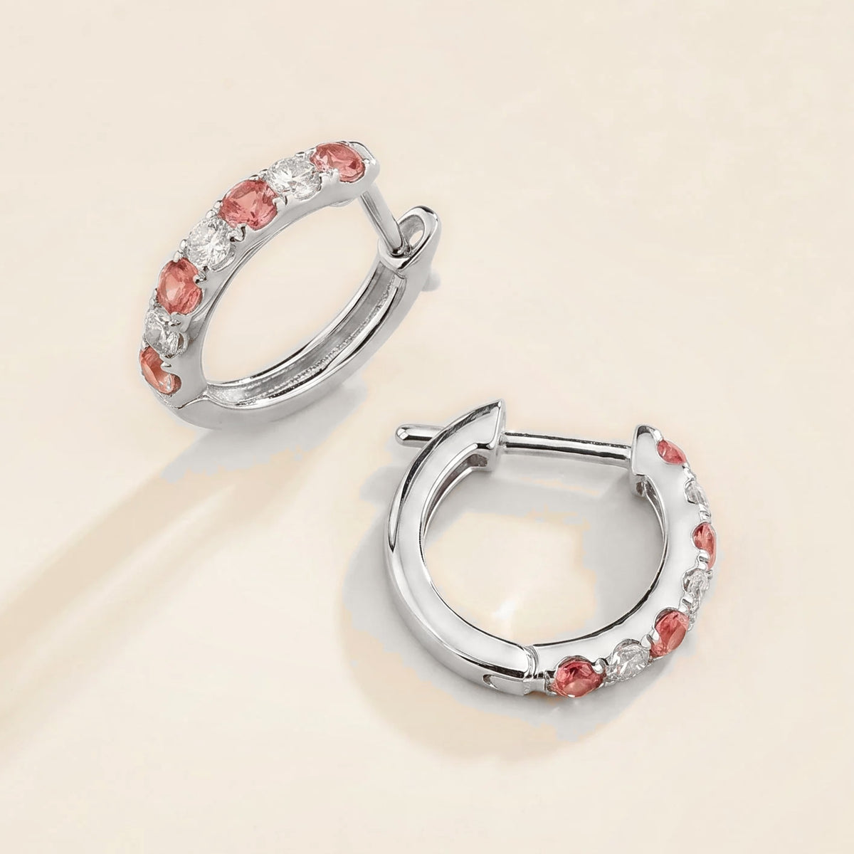 Stacy Padparadscha Sapphire & Diamond Huggie Hoop Earrings in White Gold | Juvetti