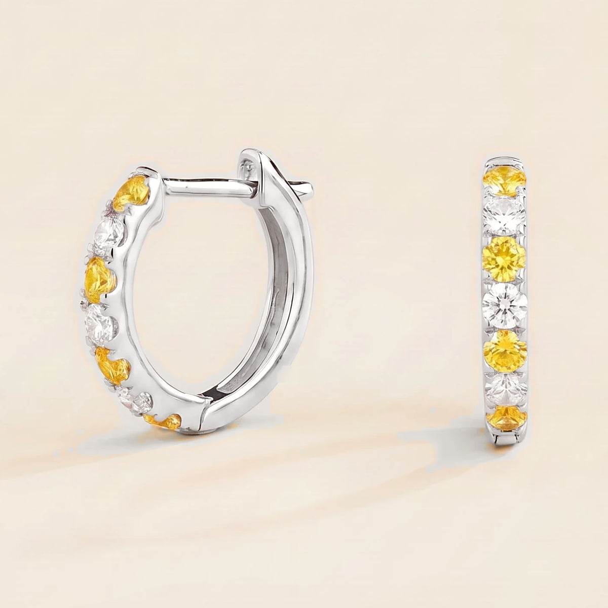 Stacy Yellow Sapphire & Diamond Huggie Hoop Earrings in White Gold | Juvetti
